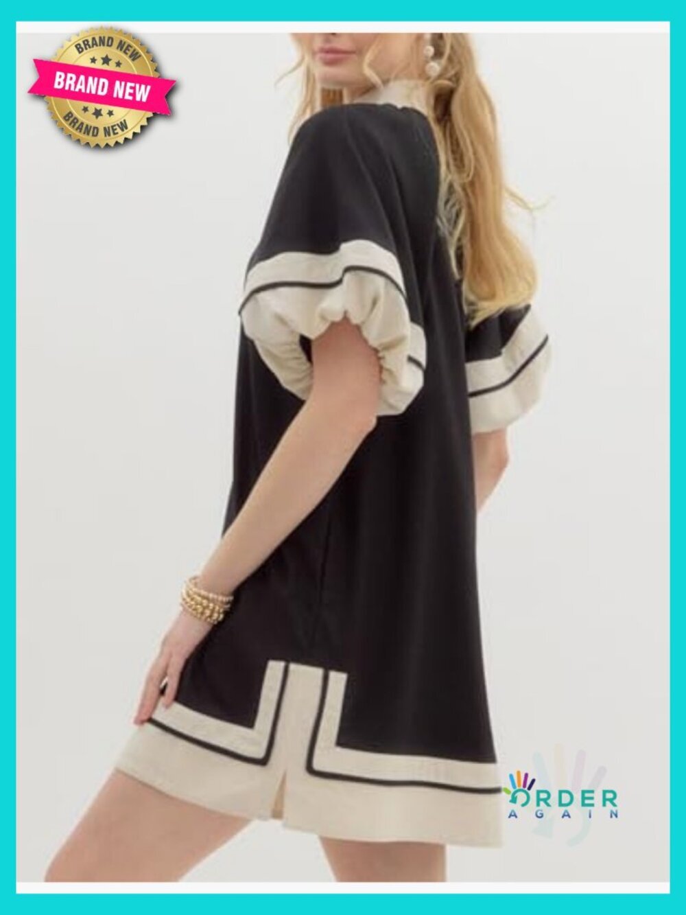 V-Neck Puff Sleeve Mini Dress Color Block Pullover Casual Chic Summer Wear - Picture 3 of 7